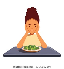 Menina triste se recusa a comer brócolis, demonstrando sua antipatia por comida saudável, expressando desgosto e mau humor