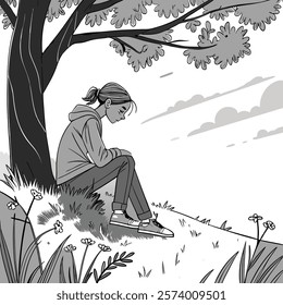 Sad Girl Seating Under the tree