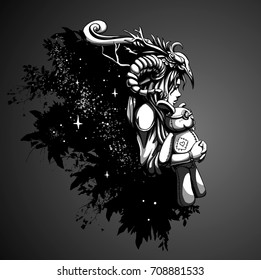 Sad girl shaman hugging her favorite doll