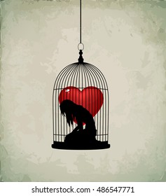 Sad girl silhouette in bird cage. Heart in cage. Sedness