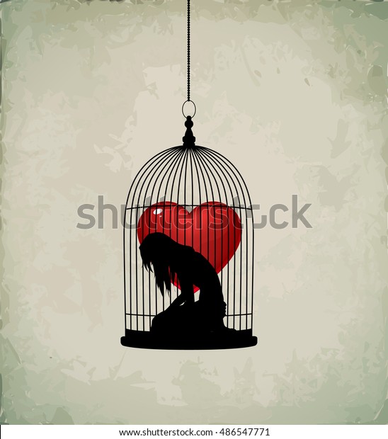 鳥かごの中の悲しい少女のシルエット 心は檻の中 シードネス のベクター画像素材 ロイヤリティフリー