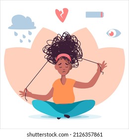 Sad girl sit on the floor in yoga pose. Woman suffers from mental depression surrounded be symptoms: anxiety, breaker heart, loss, low energy, tired, exhaustion. Mental health care illustration.