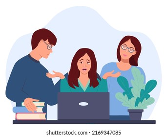 Sad girl sits in front of a laptop and spreads her arms. Upset young woman. Behind her are friends or colleagues. Vector illustration in flat style
