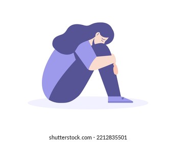 Sad girl sits and hug her knees. Female character is disappointed. Women's depression concept. Flat illustration isolated on white background