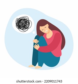 A sad girl sits and hugs her knees unhappily. A young woman is depressed with confused thoughts in her head.	