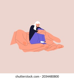 Sad girl sits in large palms. The concept of care, love and psychological health. Vector illustration in trendy flat style on isolated background. Eps 10.