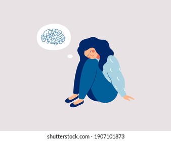 Sad girl sits on the floor with tangled thoughts. The unhappy child has confused thinking. The depressed adolescent has memory problems. Concept of mental disorder or illness. Vector illustration