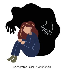 A sad girl sits on the floor and is consumed by depression, darkness and gloomy thoughts. Color picture on a black background, dark colors. Vector, clipart.