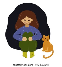 
A sad girl sits on the floor, and a ginger cat sits next to her. The girl is wearing a blue sweater. Color picture on a black background. Vector image, clipart.