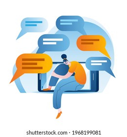 A sad girl sits on her phone amid negative comments. The concept of a vector illustration on the topic of buling in social networks.
