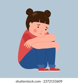 Sad girl sitting alone character in flat design.