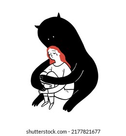 The sad girl sitting alone hugged by a black shadow from behind, Hand drawn vector illustration doodle style.