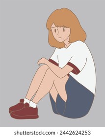 Sad girl sitting alone on floor after suffering an act of bullying, hugging knees. Hand drawn flat cartoon character vector illustration.