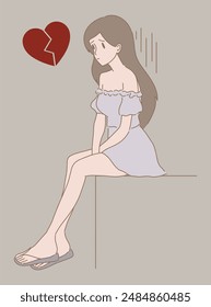 Sad girl sitting with broken heart. Hand drawn flat cartoon character vector illustration.