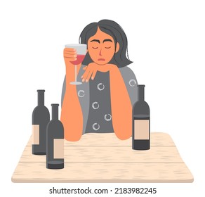 A sad girl is sitting with a glass of wine in her hand. Empty bottles are on the table. Depression, stress. Alcohol addiction, harmful habit, health hazard. Vector isolated flat illustration.