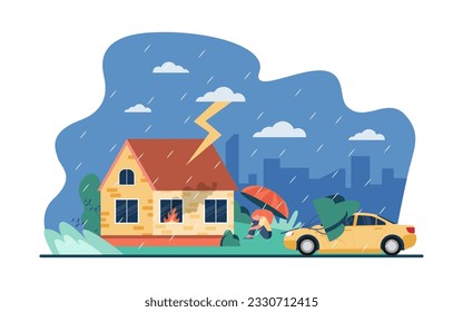 Trauriges Mädchen sitzt bei stürmischer Vektorgrafik in der Nähe des Hauses. Erschüttert Frau mit Regenschirm, brennendem Gebäude, Baum auf dem Auto, erhöhte Turbulenzen. Klimawandel, Wetter, Konzept von Naturkatastrophen