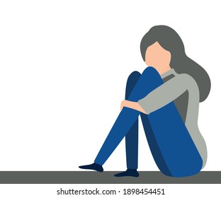 Sad girl sitting on the floor hugging her knees, faceless portrait, flat illustration isolated on white background