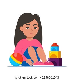 Sad girl sitting on floor surrounded by toys. Autism, child stress, mental disorder, anxiety, depression, stress, headache. Vector illustration