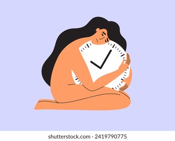 Sad girl sitting on knees hugging big clock. Young woman worried age, aging, time running out, miss opportunity, youth disappears. Female character upset life transience. Lost time vector illustration