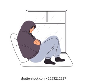 Sad girl sitting on window sill during rain. Depressed teenager in gloomy mood. Melancholy, depression and sadness, mental health concept. Flat vector illustration isolated on white background