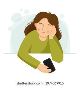 Sad girl is sitting with the phone. The woman has problems. Vector flat illustration.