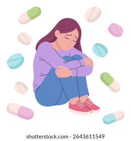 Uma garota triste sentada cercada de comprimidos. Ilustração de vetor plano de depressão, crise de saúde mental ou conceito de medicação antidepressiva. Design isolado em fundo branco