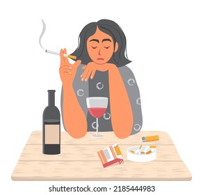 Sad girl is sitting at the table, smoking and drinking alcohol. Bottle of wine, pack of cigarettes on the table. Depression, stress. Alcohol and nicotine addiction, harmful habit. Vector illustration