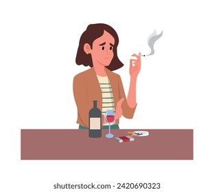 La chica triste está sentada en la mesa, fumando y bebiendo alcohol. Botella de vino, paquete de cigarrillos sobre la mesa. Depresión, estrés. La adicción al alcohol y a la nicotina, hábito nocivo. Ilustración del vector