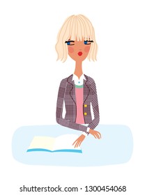 sad girl sitting at the table and thinking about her diary. vector