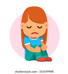 Sad girl sitting and unhappily hugging her knees. Flat style vector cartoon illustration isolated on white background.