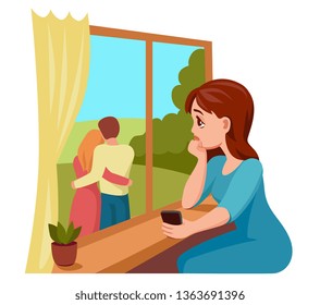 sad girl sitting at the window and looks at the walking lovers, jealous. Girl looking out the window, holding  phone in her hand, longing alone. dreaming of love.