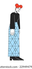 Sad girl with space buns lowering head down flat line color vector character. Editable simple outline full body person on white. Tired cartoon spot illustration for web graphic design and animation