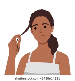 Sad girl with split ends problem. Lack of vitamins, improper hair care. Flat vector illustration isolated on white background