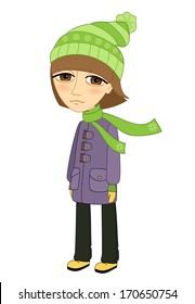 Sad girl standing alone and not smiling template isolated vector illustration