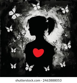 a sad girl standing alone with pony tail, silhouette with a red heart inside with some butterfly, grayscale, charcoal ink