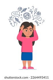 Muchacha triste parada en el suelo rodeada de pensamientos ansiosos. Autismo, estrés infantil, trastorno mental, ansiedad, depresión, estrés, dolor de cabeza. Orejas de niños con las manos. Ilustración del vector