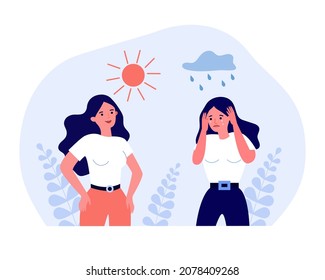 Muchacha triste de pie bajo la lluvia, sonriendo bajo el sol. Las emociones negativas y positivas de la mujer ilustran el vector plano. Salud mental, concepto de psicología para banner, diseño de sitios web o página web de inicio