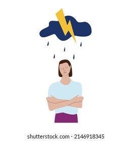 A sad girl stands with her arms wrapped around herself. A thundercloud is hanging over the girl, it's raining, lightning is flashing. The concept of mental disorder, illness.