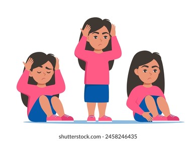 Sad girl stands and sits in different poses. Autism, child stress, mental disorder, anxiety, depression, stress, headache