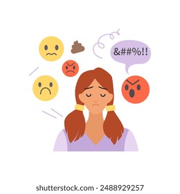 Sad girl suffering from bullying, negative and angry emoji swear vector illustration