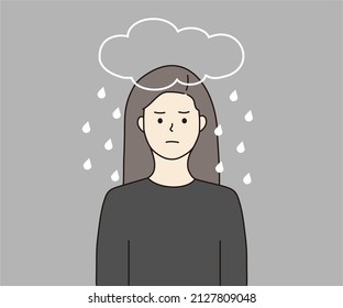 Joven triste que sufre de depresión. Salud mental, conceptos de enfermedad psicológica. Ilustraciones vectoriales de diseño dibujadas a mano.