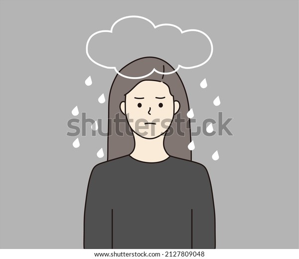 Sad Girl suffering from depression. Dark\
clouds and rain above head. Mental health, psychological disease,\
bad mood, emotion concepts. Hand drawn cartoon character design\
vector illustrations.