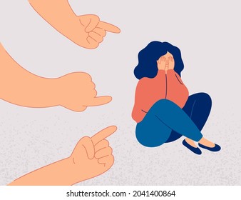 Sad girl suffers from psychological abuse from her peers. Weeping woman surrounded by hands with index fingers pointing at her. Public censure and victim-blaming. Bullying concept.
