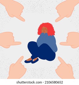 A sad girl suffers from psychological violence from her peers. The crying woman is surrounded by hands with index fingers pointing at her. Public censure and victim blaming. The concept of bullying.