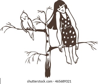 sad girl in a sundress and a bird sitting on the branches of a birch. vector illustration