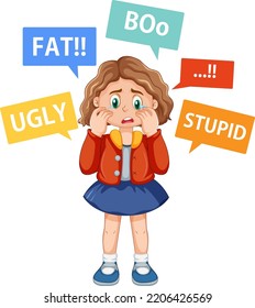 Sad girl surrounded by bullying words illustration