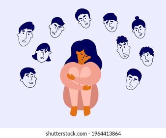 Sad Girl Surrounded By Human Heads With Angry Faces. Censure, Crowd Victim, Blame, Bullying. Feel Of Shame. Judgement, Boundaries Violation. Depressed Woman Sitting Hugging Knees. Vector Illustration