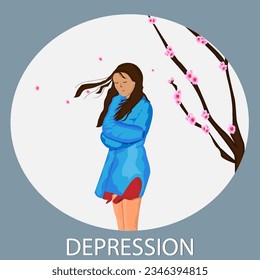 A sad girl in a sweater stands in the wind near the sakura. Amnesia depression concept. Fighting mental illness. Vector illustration.