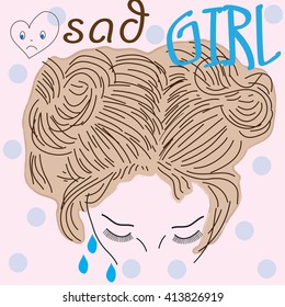 sad girl with tears and dots vector illustration