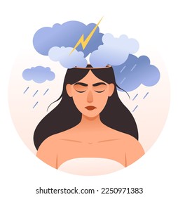 Una chica triste con nubes de lluvia sobre su cabeza. Un hombre de consuelo. El concepto de salud mental. Ayuda psicológica. Ilustración vectorial plana
